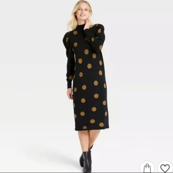 Who What Wear Dresses & Skirts - Who What Wear Black with Tan Polka Dots Puff Long Sleeve Sweater Dress Small